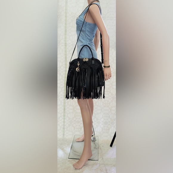 VERSACE FRINGED BLACK LEATHER HANDBAG NWT - Picture 9 of 10
